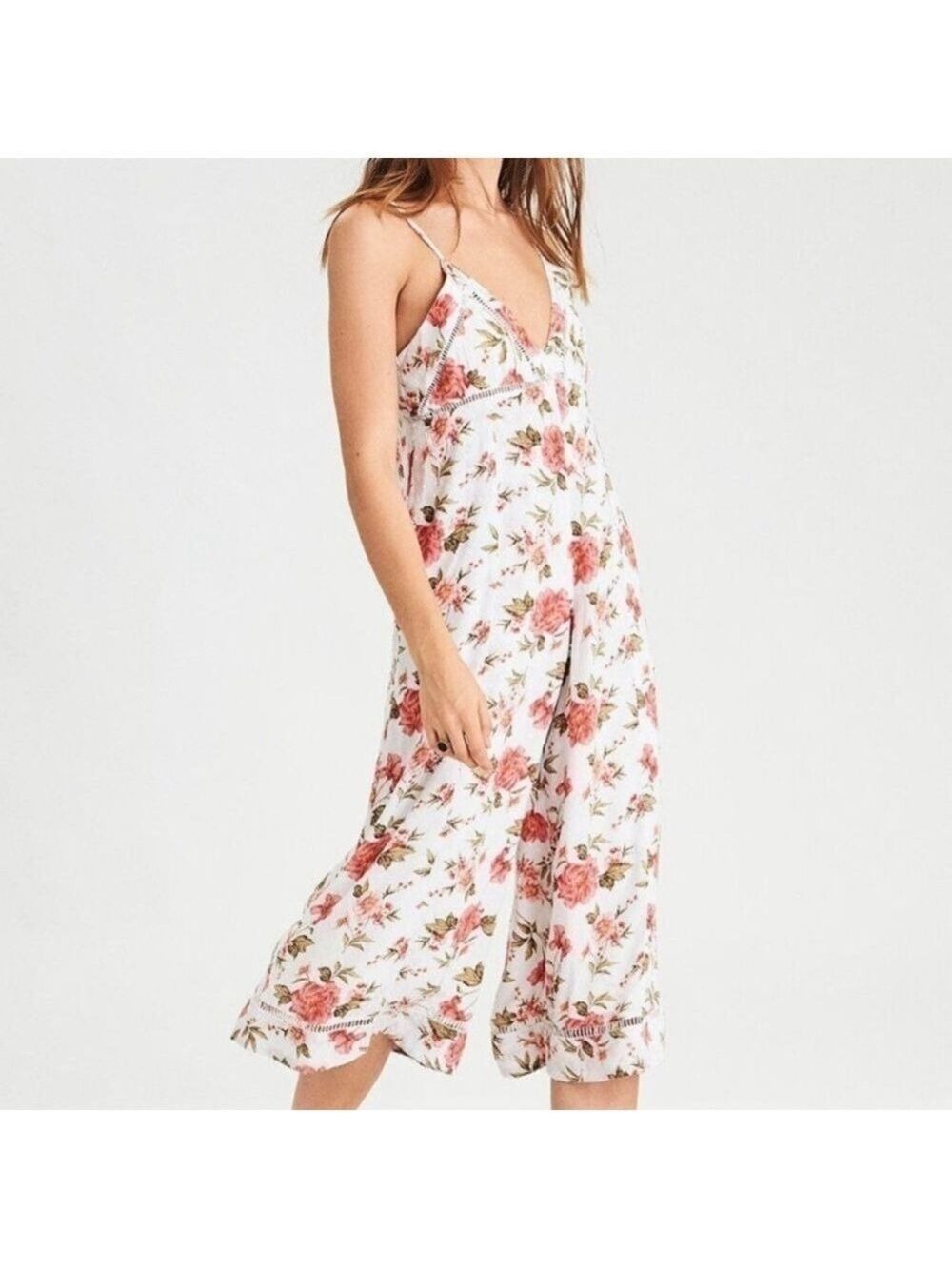 Aeo White Swiss Dot Floral Wide Leg Crop Jumpsuit